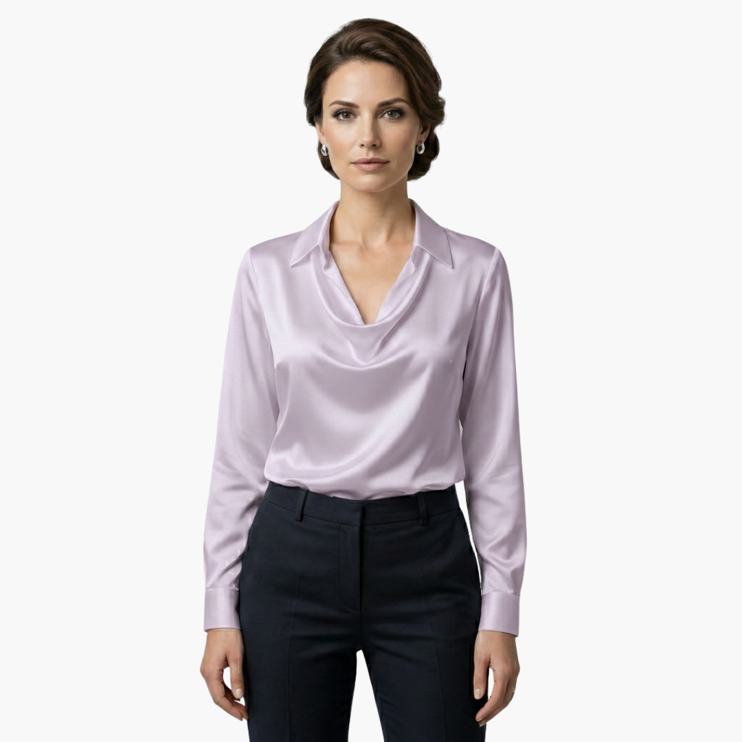 Blusa de mujer satén con cuello drapeado, manga larga, ajuste regular, casual