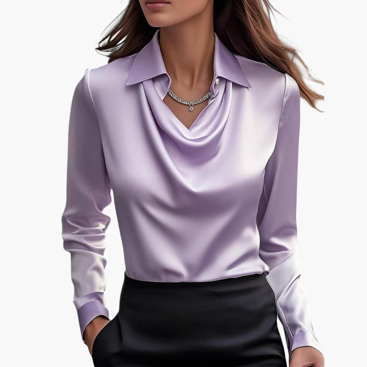 Blusa de mujer satén con cuello drapeado, manga larga, ajuste regular, casual