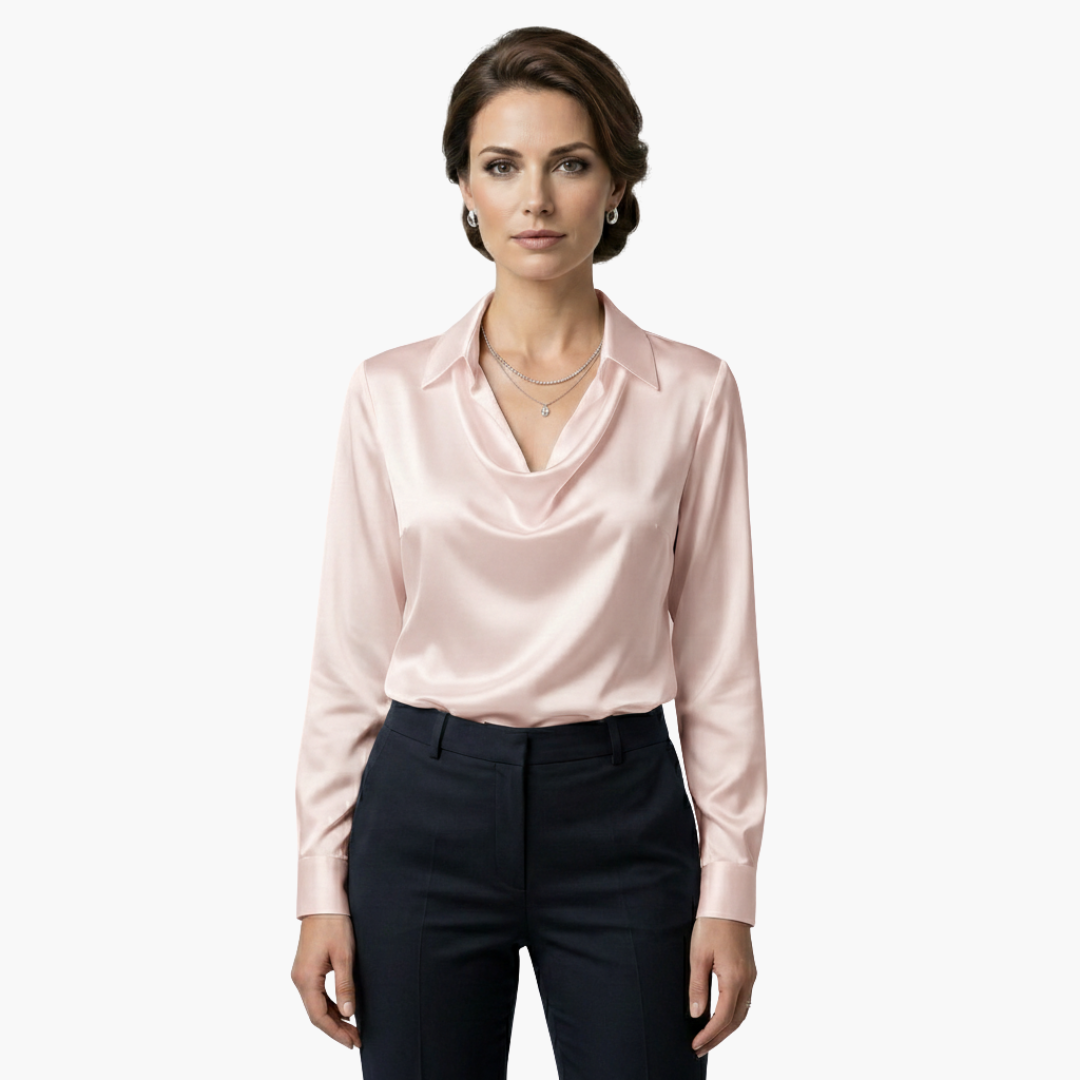 Blusa de mujer satén con cuello drapeado, manga larga, ajuste regular, casual