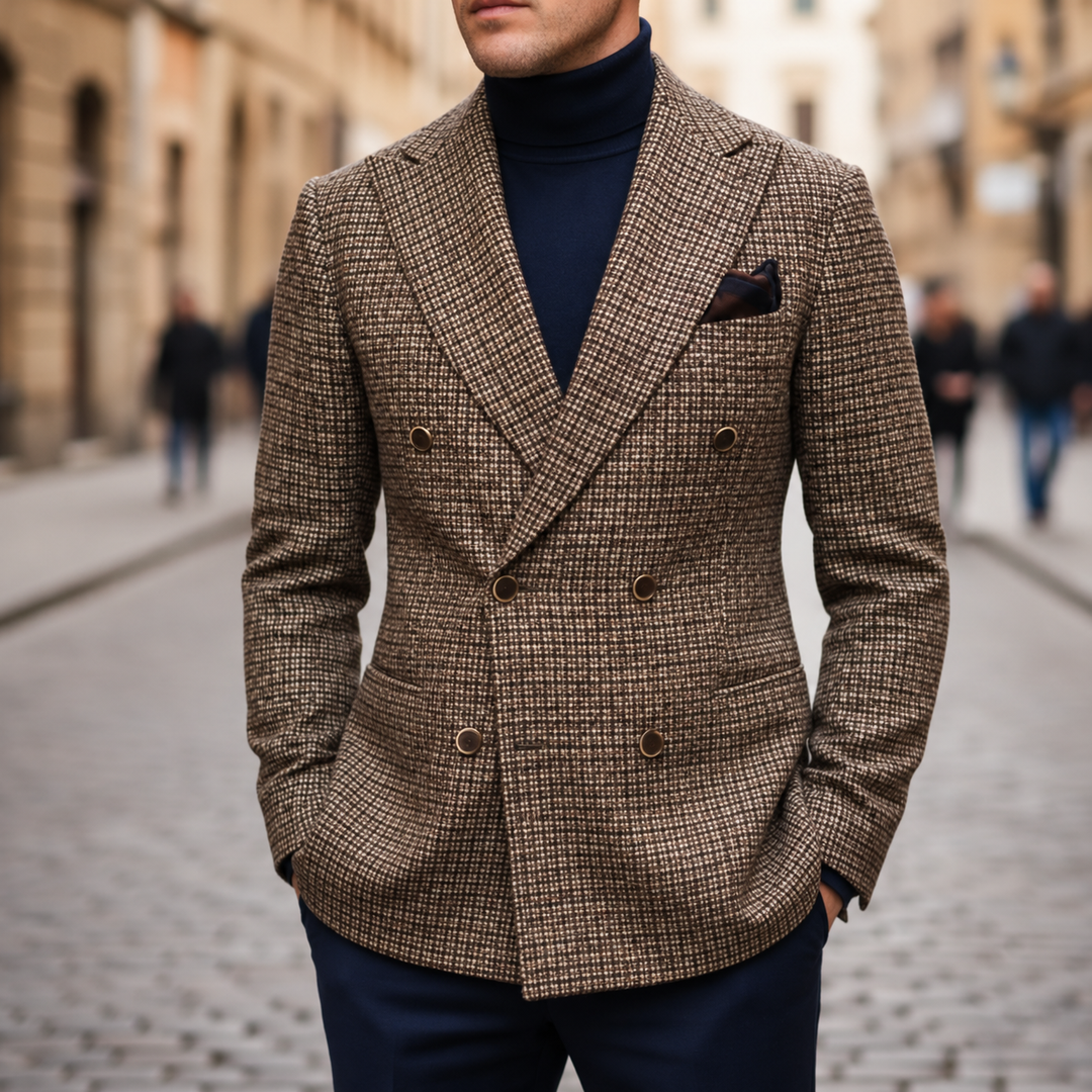 Men Double-Breasted Plaid Blazer