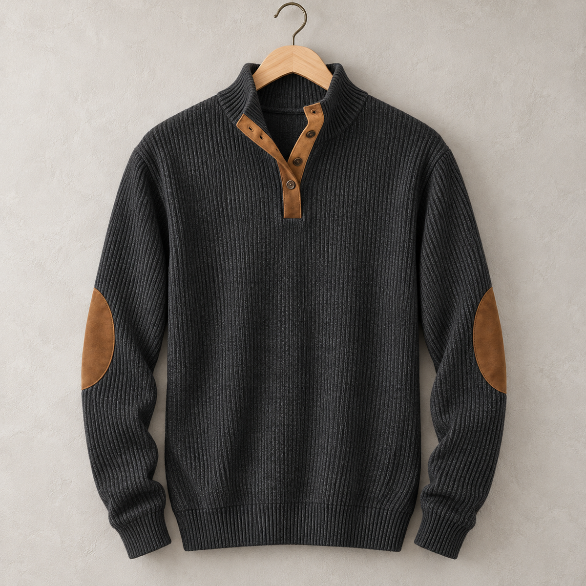Men's Button Neck Pullover Sweater | Elbow Patches Classic Knit