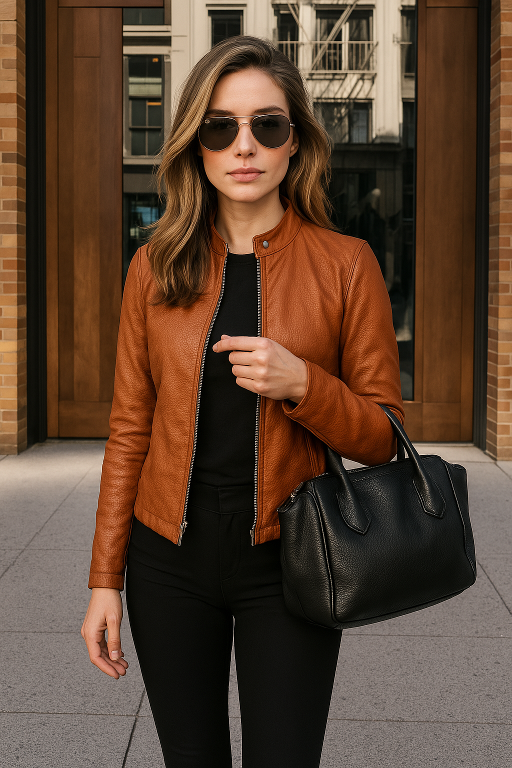 Veste en cuir pour femme coupe slim à manches longues avec fermeture éclair et col mandarin