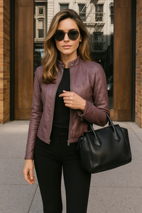 Women's Leather Jacket Slim Fit Zip-Up Long Sleeve Mandarin Collar