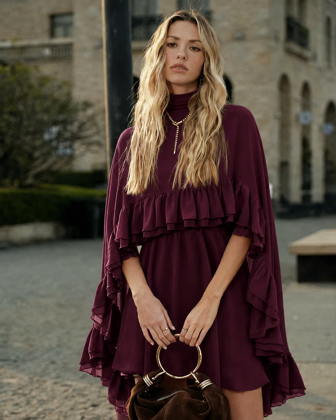 Robe courte pour femme en mousseline de soie à volants superposés | Cape
