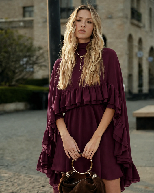 Robe courte pour femme en mousseline de soie à volants superposés | Cape