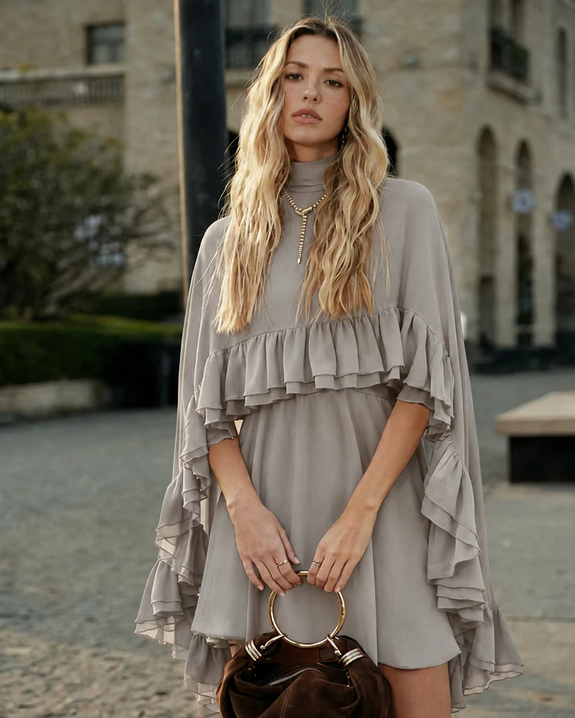 Robe courte pour femme en mousseline de soie à volants superposés | Cape