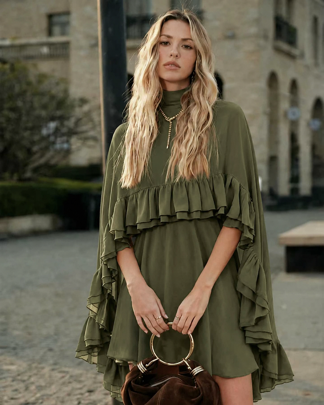 Robe courte pour femme en mousseline de soie à volants superposés | Cape