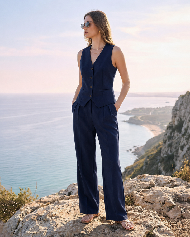 Ensemble deux pièces gilet et pantalon fuselé à boutons devant pour femmes