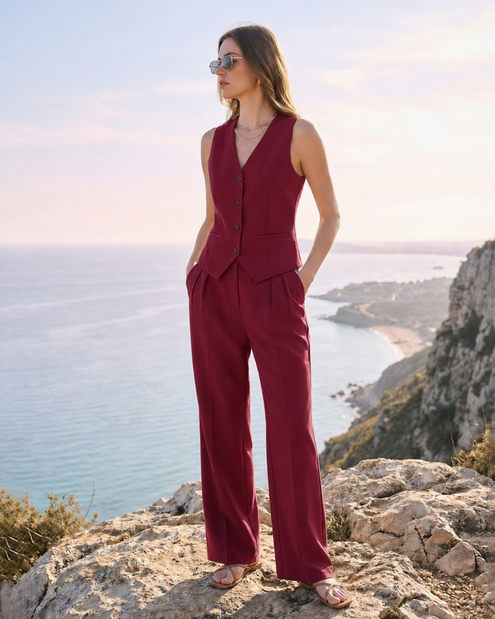 Ensemble deux pièces gilet et pantalon fuselé à boutons devant pour femmes