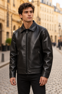 Chaqueta bomber de ante vegano para hombre con cuello acanalado y cremallera