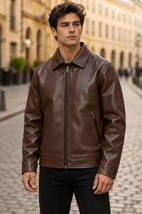 Chaqueta bomber de ante vegano para hombre con cuello acanalado y cremallera
