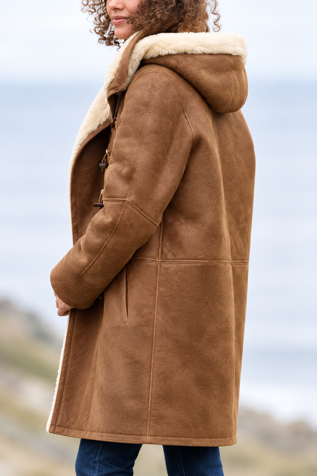 Chaqueta larga ligera y cálida de plumón para mujer | Capucha de borreguito de invierno