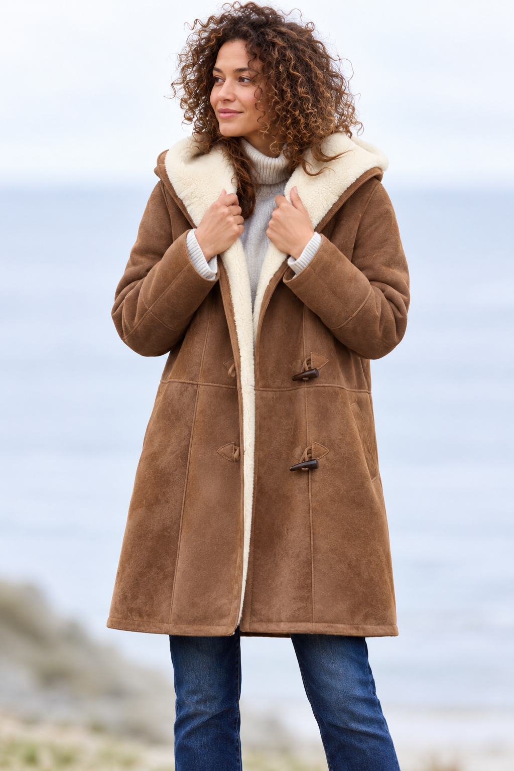 Chaqueta larga ligera y cálida de plumón para mujer | Capucha de borreguito de invierno