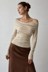 Women's Off Shoulder Wrap Knit Top | Long Sleeve Slim Fit