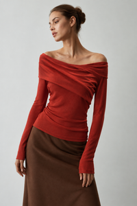Women's Off Shoulder Wrap Knit Top | Long Sleeve Slim Fit