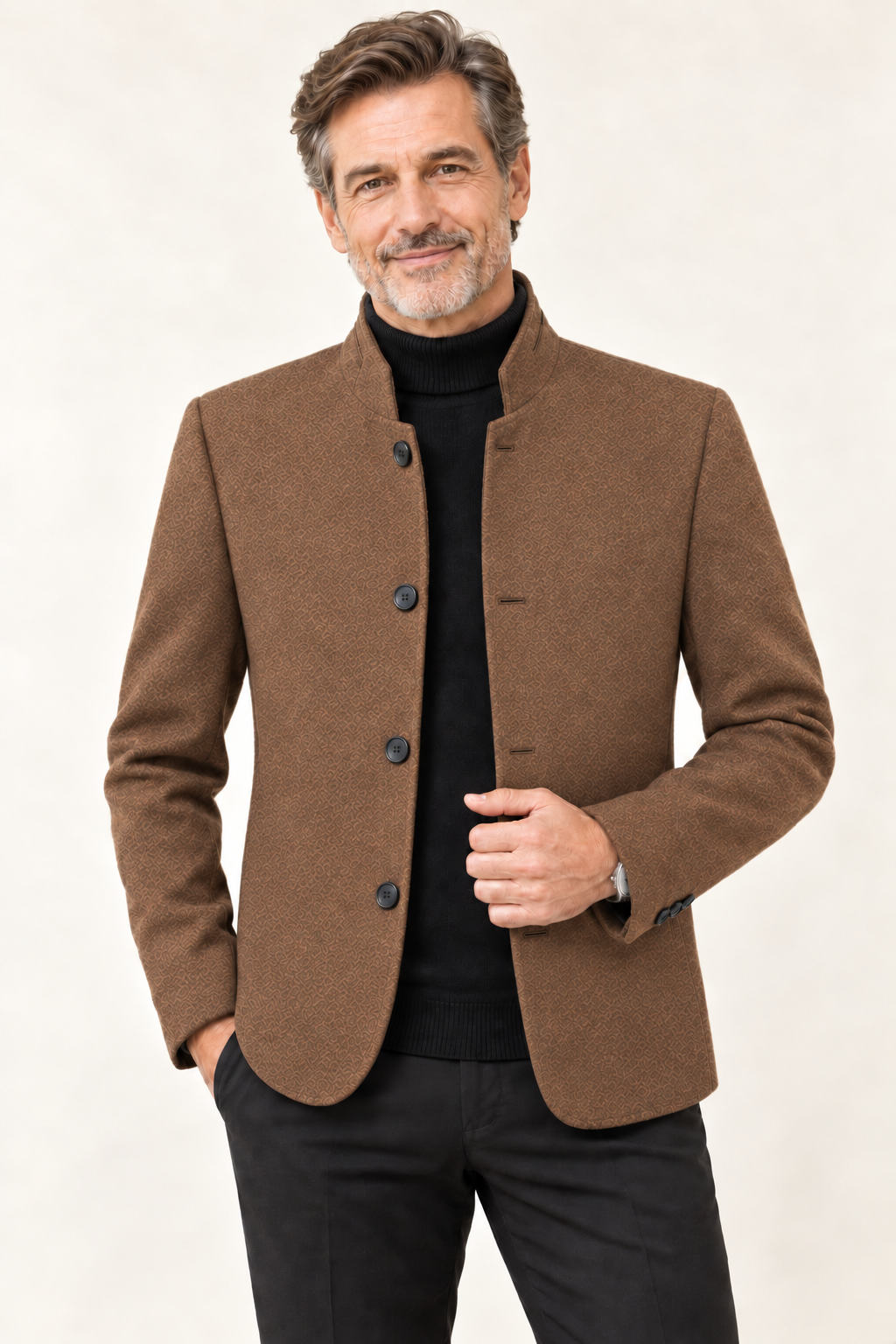 Men's Wool Single Breasted Tweed Blazer Jacket | Stand Collar