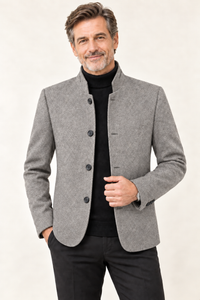 Men's Wool Single Breasted Tweed Blazer Jacket | Stand Collar