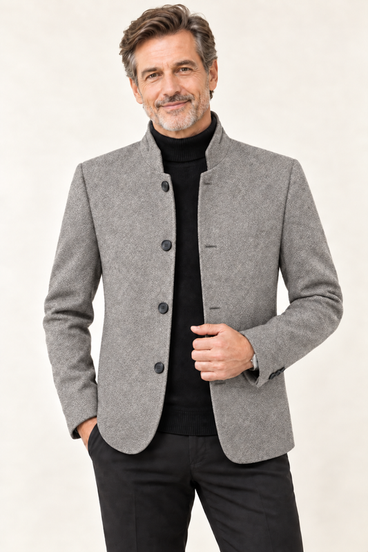 Veste blazer homme en tweed de laine à boutonnage simple | Col montant