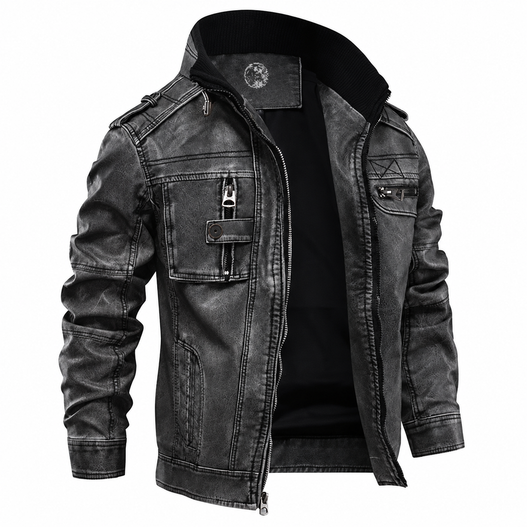 Chaqueta de cuero genuino para hombre | Bolsillo en el pecho, corte clásico
