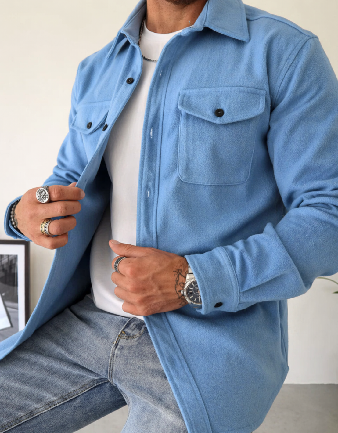 Men's Overshirt Jacket Button-Up Long Sleeve Chest Pocket Regular Fit