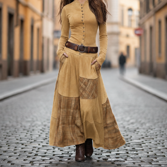 Long Vintage Faux Suede Plaid Polyester Dress for Women