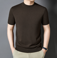Men's T-Shirt Silk Wool Knit Slim Fit Short Sleeve Mock Neck Casual