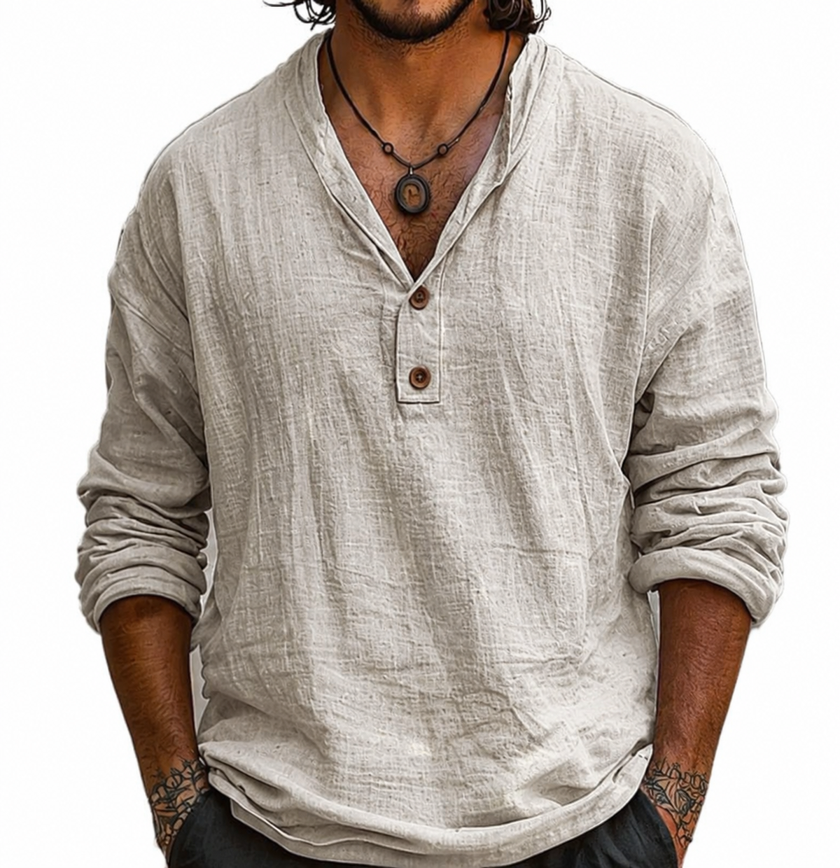 Men's Cotton-Linen Henley Long Sleeve Shirt | Curved Hem