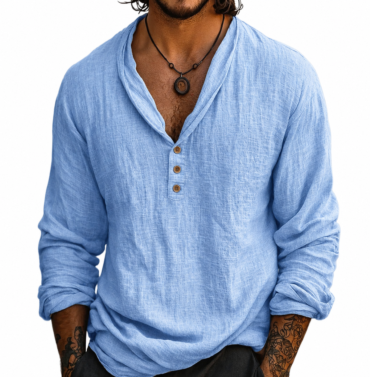 Men's Cotton-Linen Henley Long Sleeve Shirt | Curved Hem