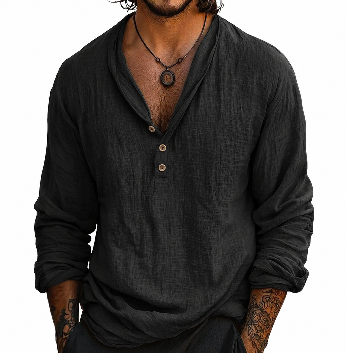Men's Cotton-Linen Henley Long Sleeve Shirt | Curved Hem