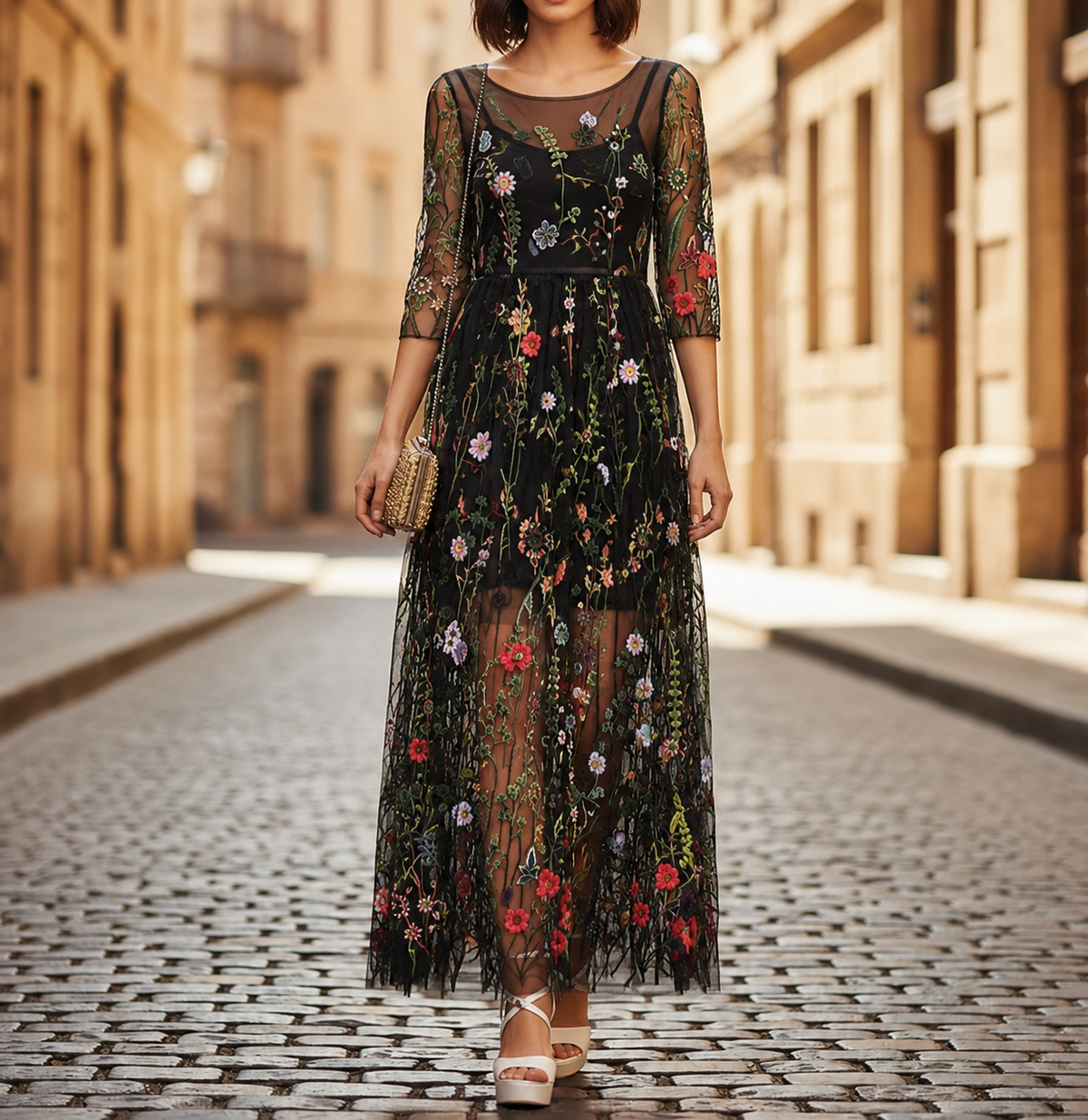Robe longue en filet brodée pour femme