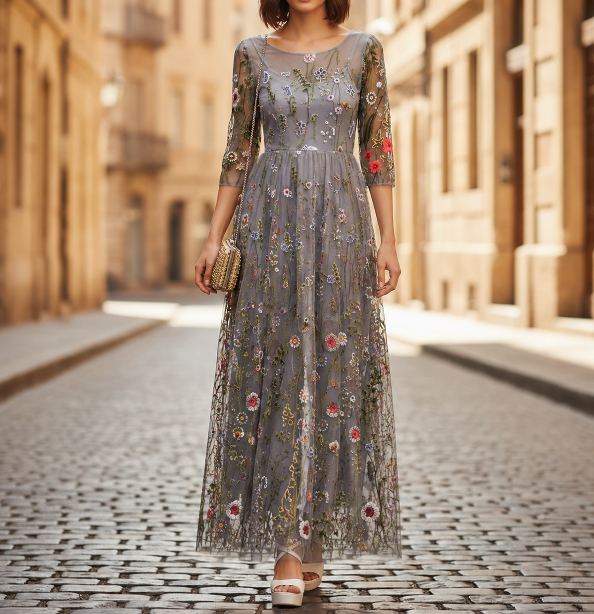 Robe longue en filet brodée pour femme