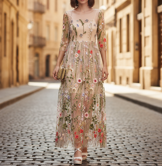 Women Mesh Embroidered Maxi Dress