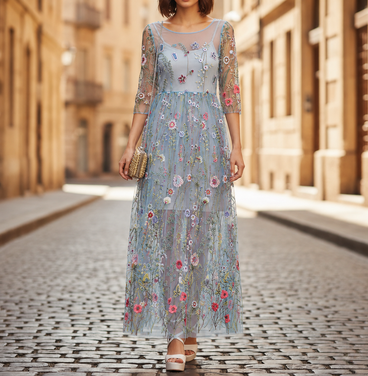 Robe longue en filet brodée pour femme