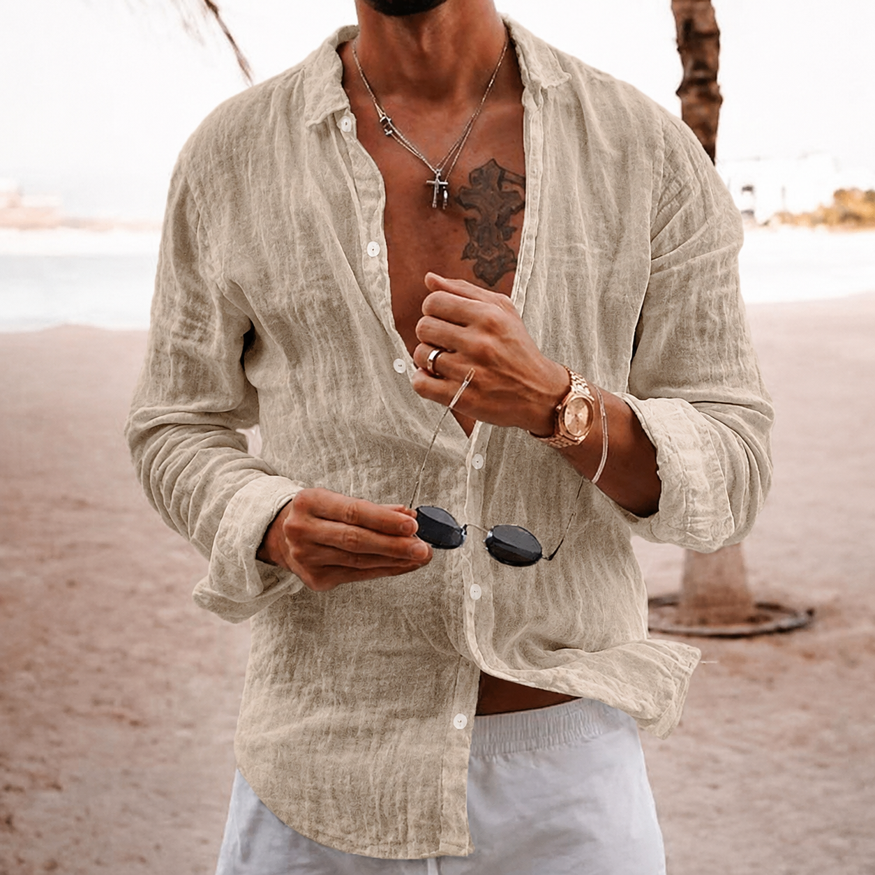 Chemise légère texturée pour homme | Chemise décontractée à manches longues et boutonnée
