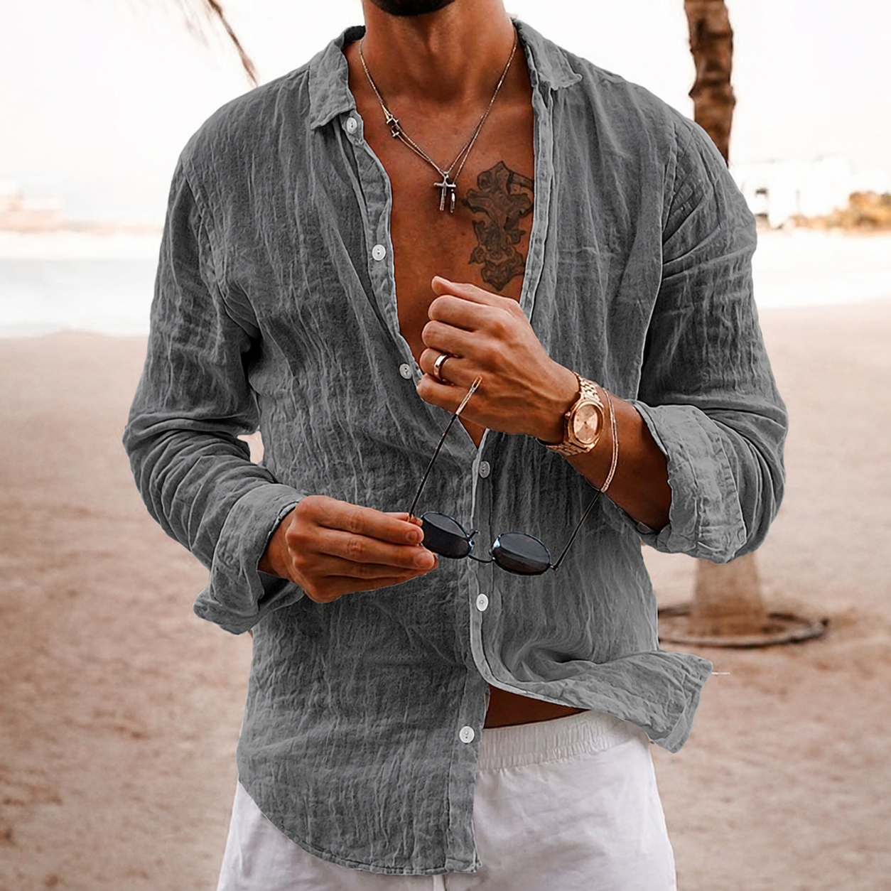 Chemise légère texturée pour homme | Chemise décontractée à manches longues et boutonnée