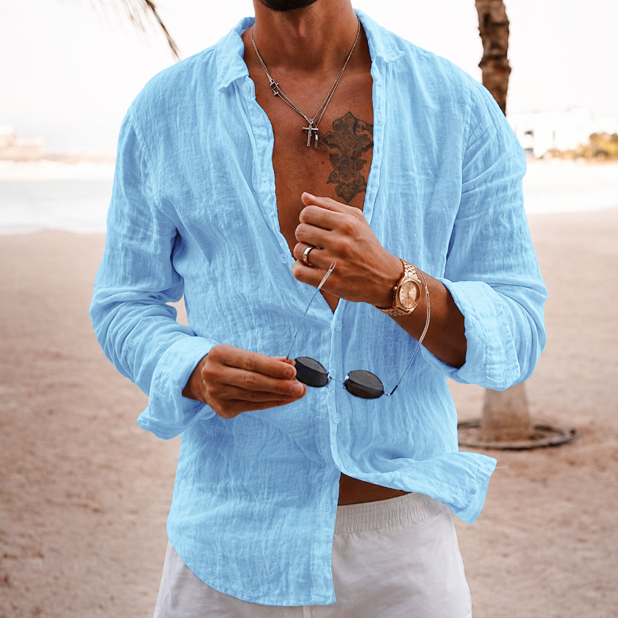 Chemise légère texturée pour homme | Chemise décontractée à manches longues et boutonnée