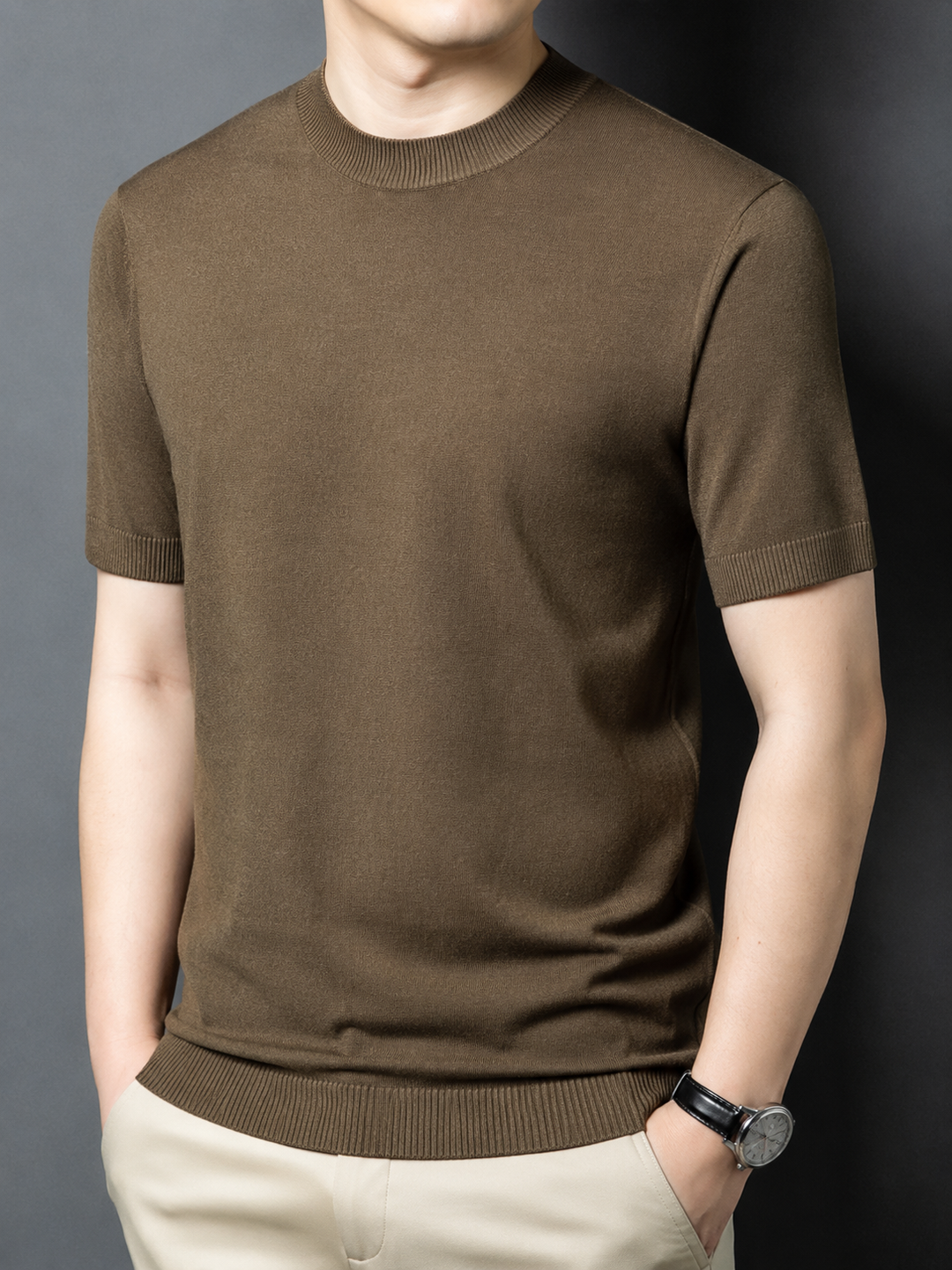 Men's T-Shirt Silk Wool Knit Slim Fit Short Sleeve Mock Neck Casual
