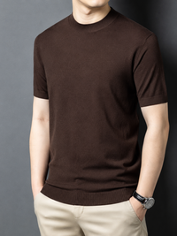 Men's T-Shirt Silk Wool Knit Slim Fit Short Sleeve Mock Neck Casual