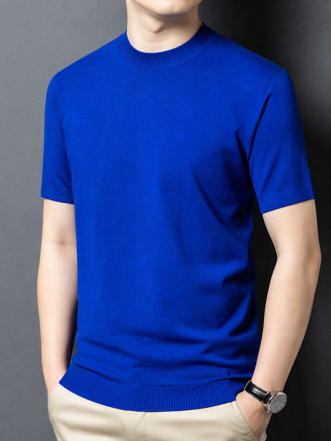T-shirt homme en maille de soie et laine, coupe slim, manches courtes, col montant, décontracté