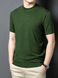 Men's T-Shirt Silk Wool Knit Slim Fit Short Sleeve Mock Neck Casual
