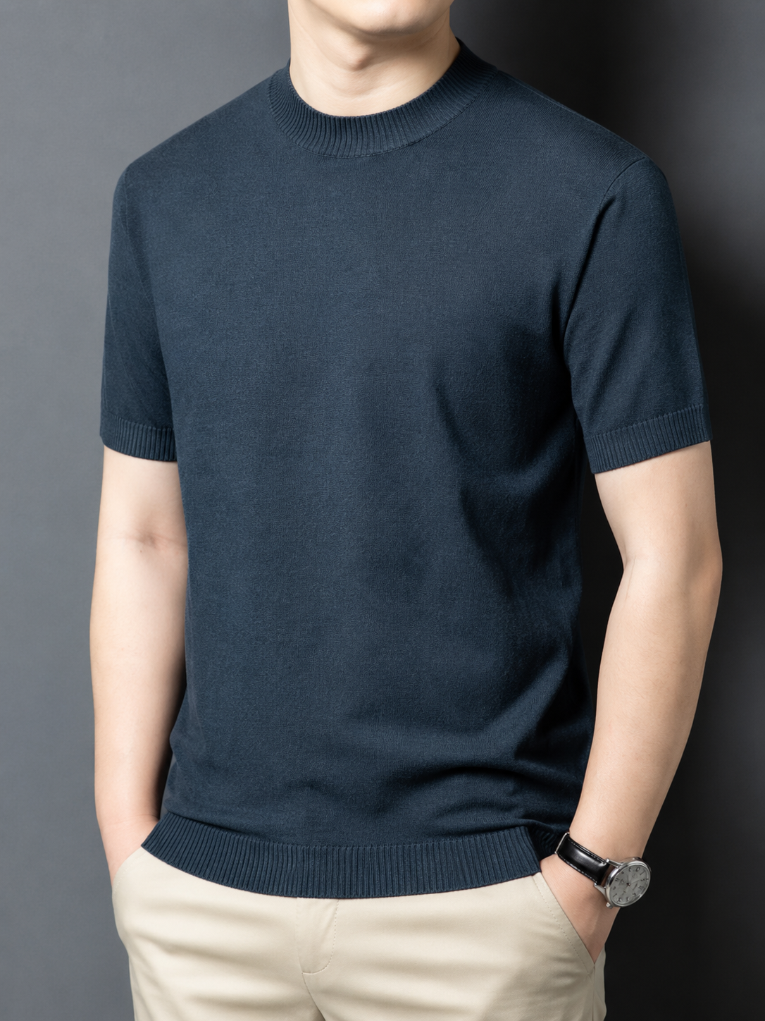 T-shirt homme en maille de soie et laine, coupe slim, manches courtes, col montant, décontracté