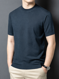 Men's T-Shirt Silk Wool Knit Slim Fit Short Sleeve Mock Neck Casual