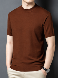 Men's T-Shirt Silk Wool Knit Slim Fit Short Sleeve Mock Neck Casual