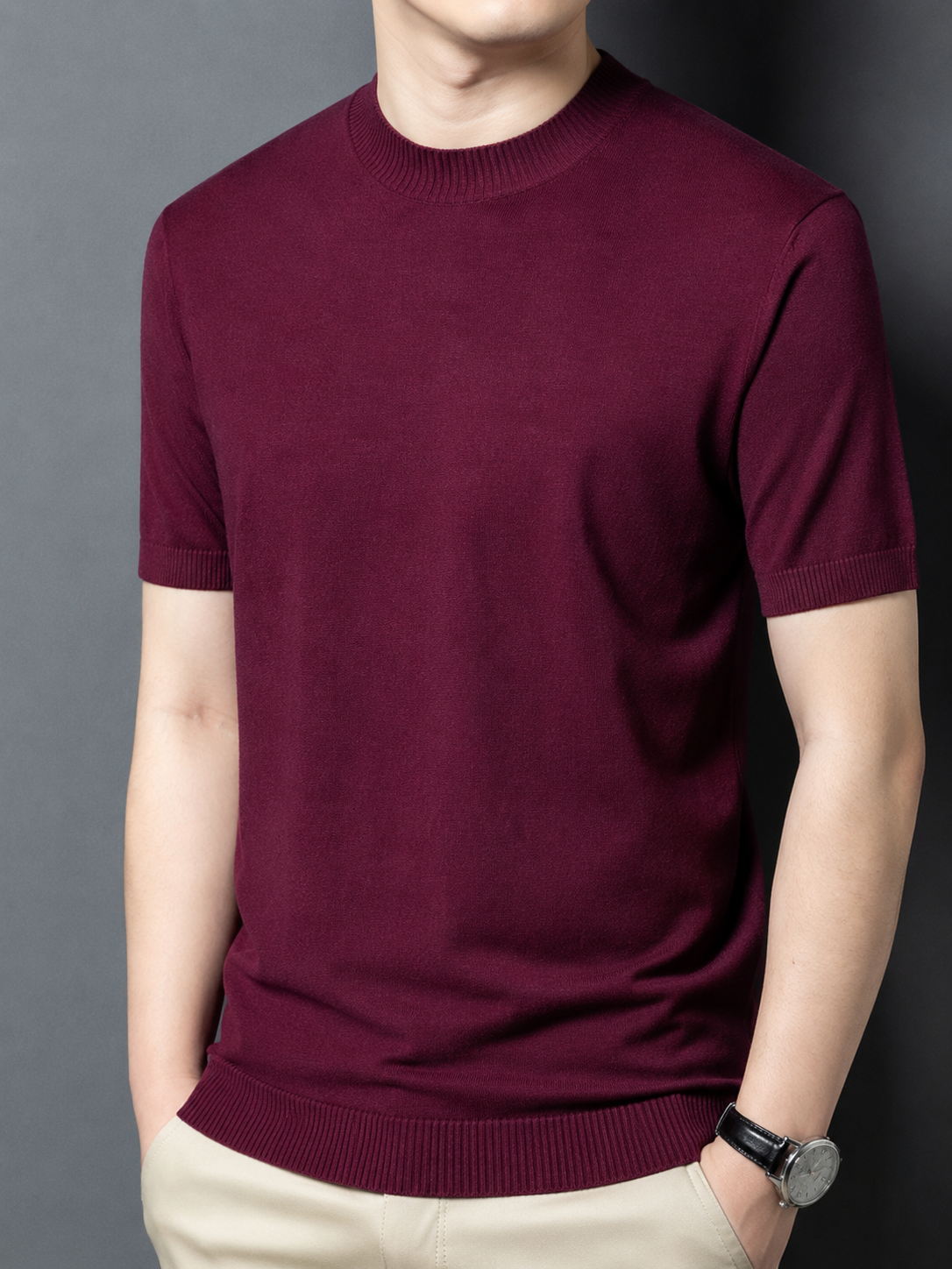 T-shirt homme en maille de soie et laine, coupe slim, manches courtes, col montant, décontracté