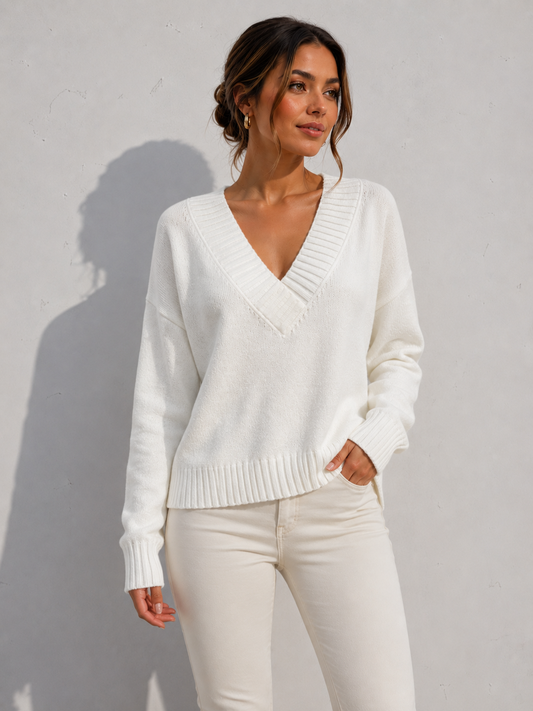 Pull à col en V en maille côtelée à manches longues pour femmes