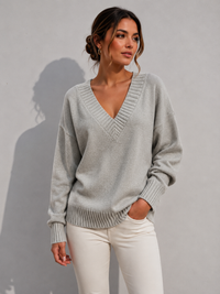 Sweater V-Neck Ribbed Knit Long Sleeve Womens
