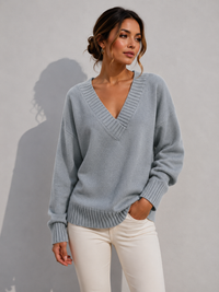 Sweater V-Neck Ribbed Knit Long Sleeve Womens