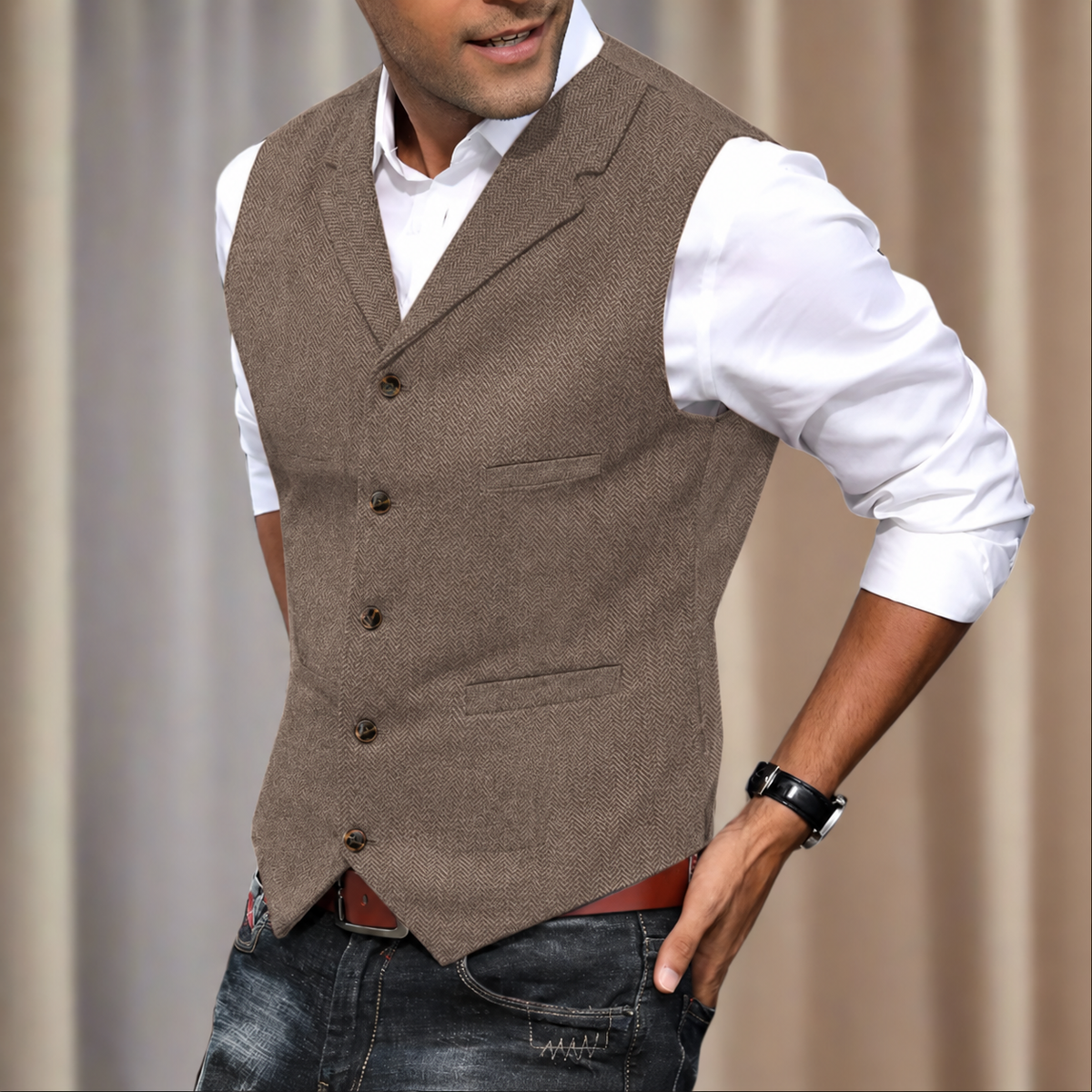 Gilet long à chevrons pour homme avec col en V | Costume formel