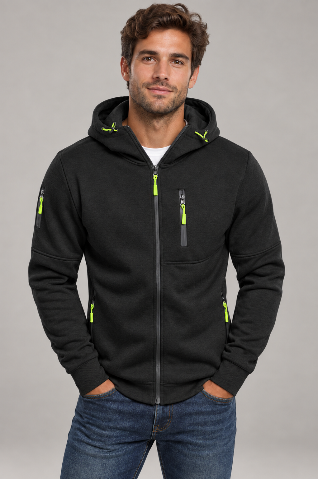 Sudadera con capucha cálida para hombre, con cremallera y bolsillo en el pecho | Corte casual