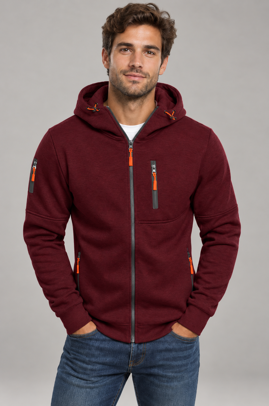Sudadera con capucha cálida para hombre, con cremallera y bolsillo en el pecho | Corte casual